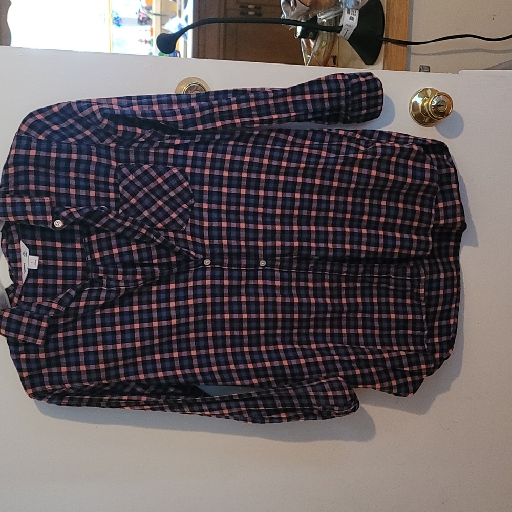 Plaid tunic button up.  Long sleeve.  Cute with leggings